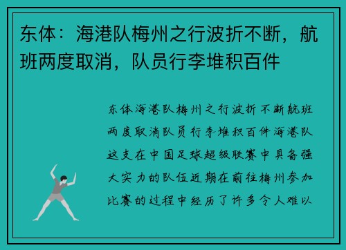 东体：海港队梅州之行波折不断，航班两度取消，队员行李堆积百件