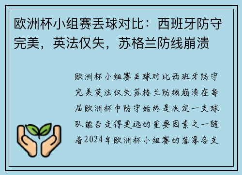 欧洲杯小组赛丢球对比：西班牙防守完美，英法仅失，苏格兰防线崩溃
