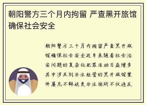 朝阳警方三个月内拘留 严查黑开旅馆确保社会安全