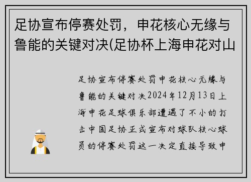 足协宣布停赛处罚，申花核心无缘与鲁能的关键对决(足协杯上海申花对山东鲁能)