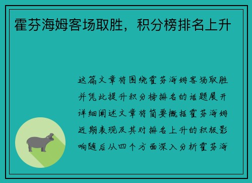 霍芬海姆客场取胜，积分榜排名上升